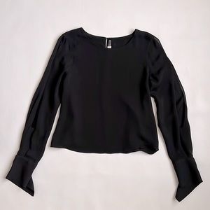 Ramy Brook 100% Silk Black Dress Top Open Sleeves Cuff Detail Cropped